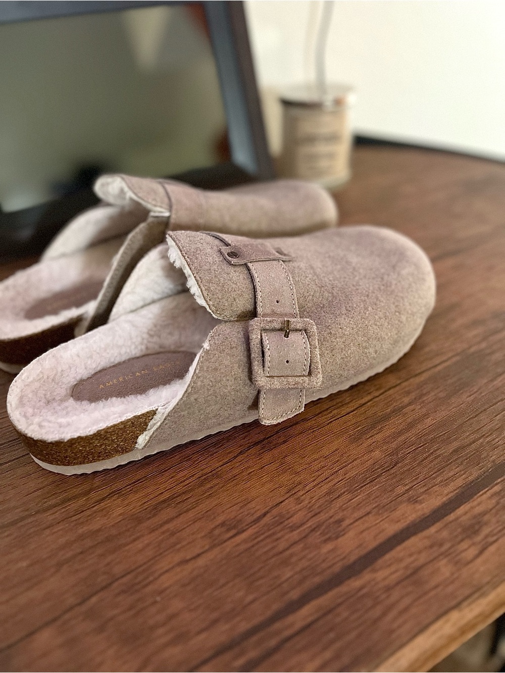 American Eagle Outfitters Taupe Suede Buckle Slip-On Clogs